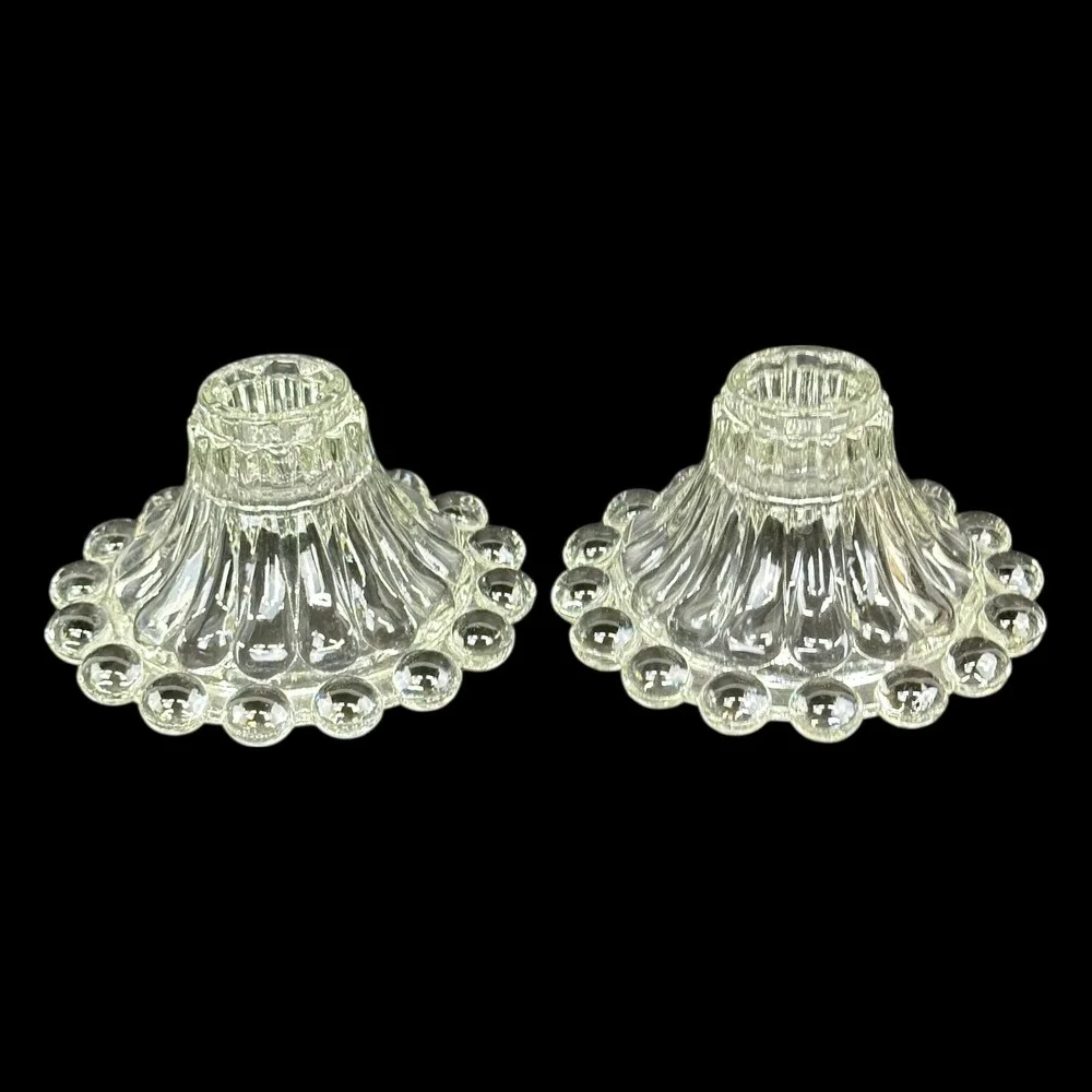 Anchor Hocking Berwick Boopie Clear Glass Beaded‎ Edge 2 Taper Candle Holders